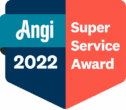 Angi 2022 Super Service Award badge with blue and orange color blocks and bold white text.