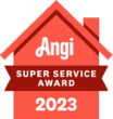 Red house-shaped badge with "Angi Super Service Award 2023" written in white bold text on a maroon ribbon.
