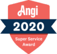 Red and blue badge featuring the text "Angi 2020 Super Service Award.