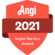Red shield-shaped badge with "Angi 2021 Super Service Award" in white text and a dark red ribbon across the center.