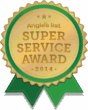 A gold and green badge with "Angie's List Super Service Award 2014" written on it and a green ribbon at the bottom.