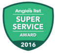 Green Angie's List Super Service Award badge with white text for the year 2016.